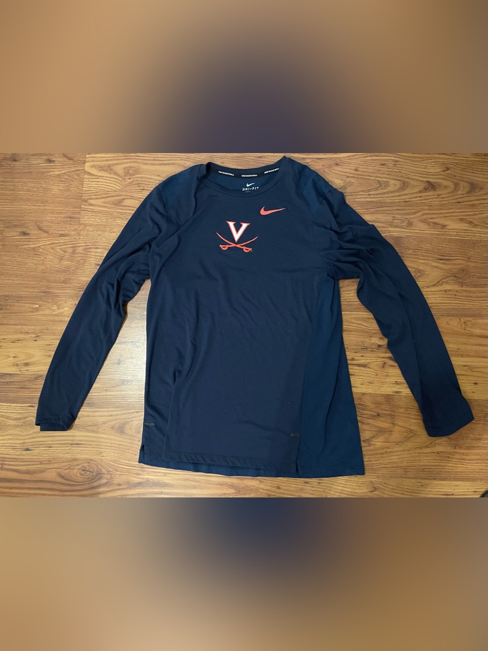 Nike Navy Long-Sleeve Dri-FIT Shirt with Orange Logo